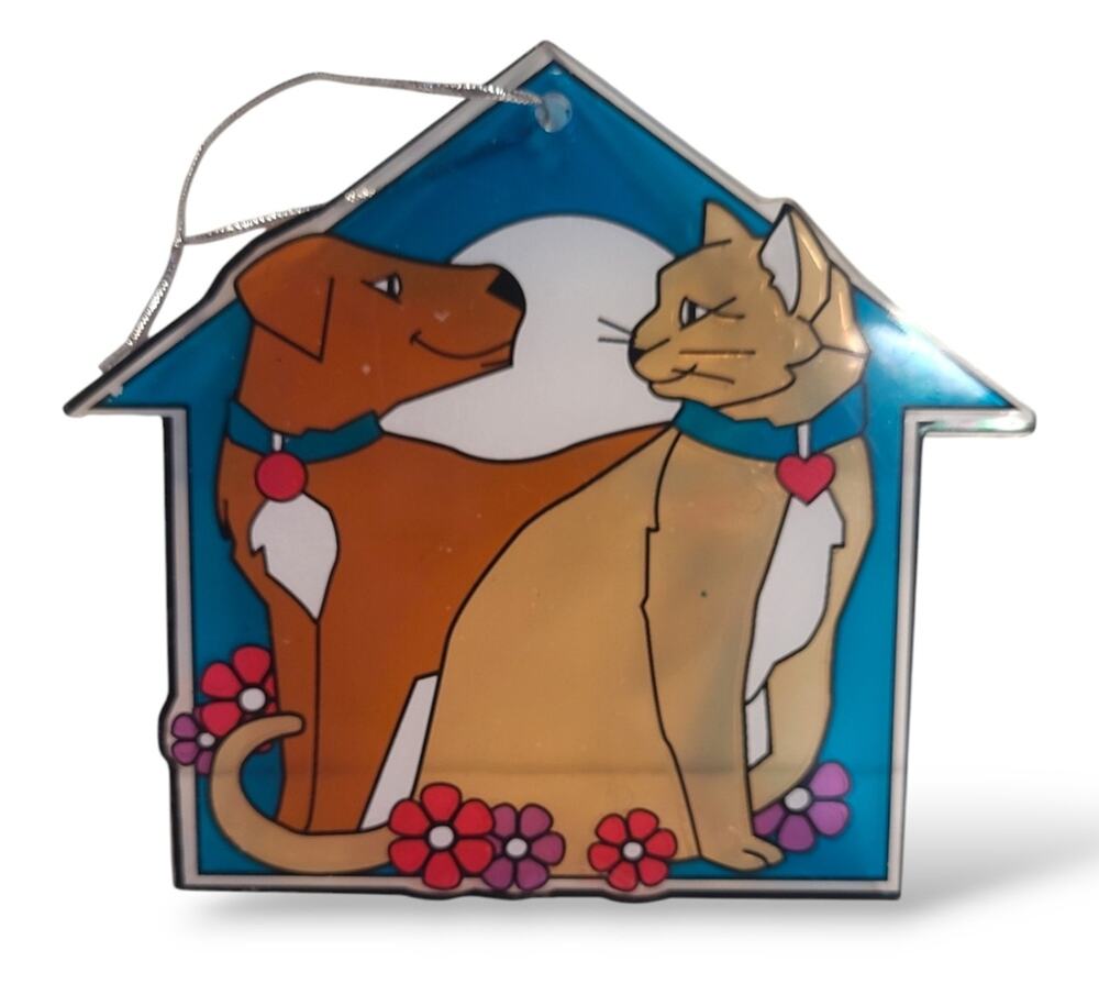 Dog & Cat House with Red Flowers Suncatcher Plastic Brown Blue Tan